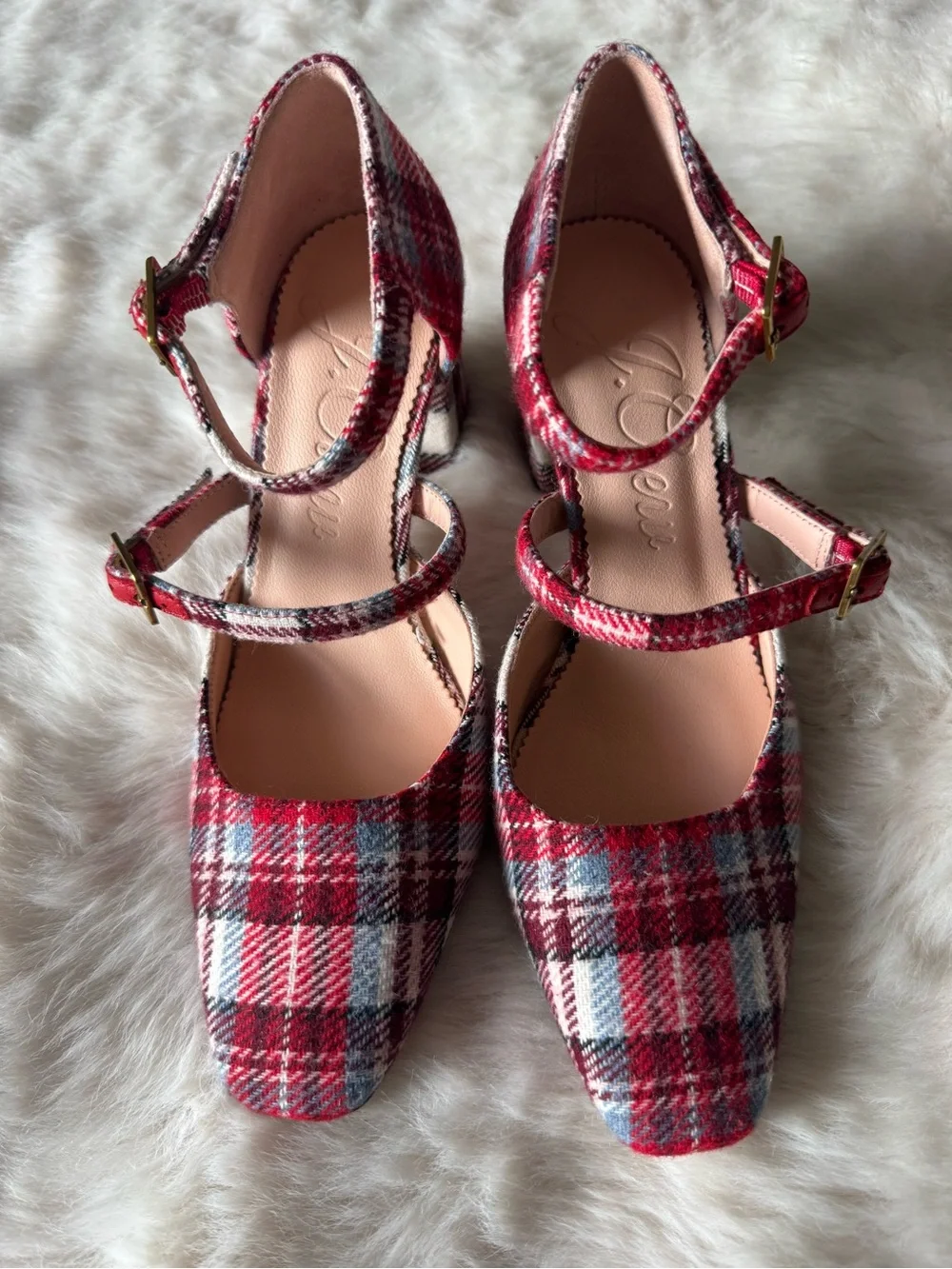J. Crew Red Plaid Triple-Strap Pointed Pumps